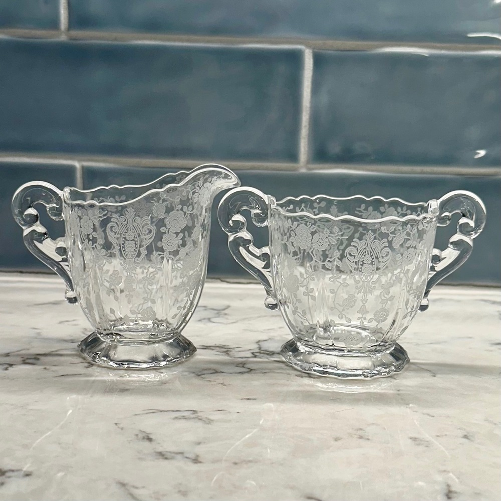 Vintage‎ Cambridge Diane Clear Etched Pressed Glass Sugar Bowl Creamer Set